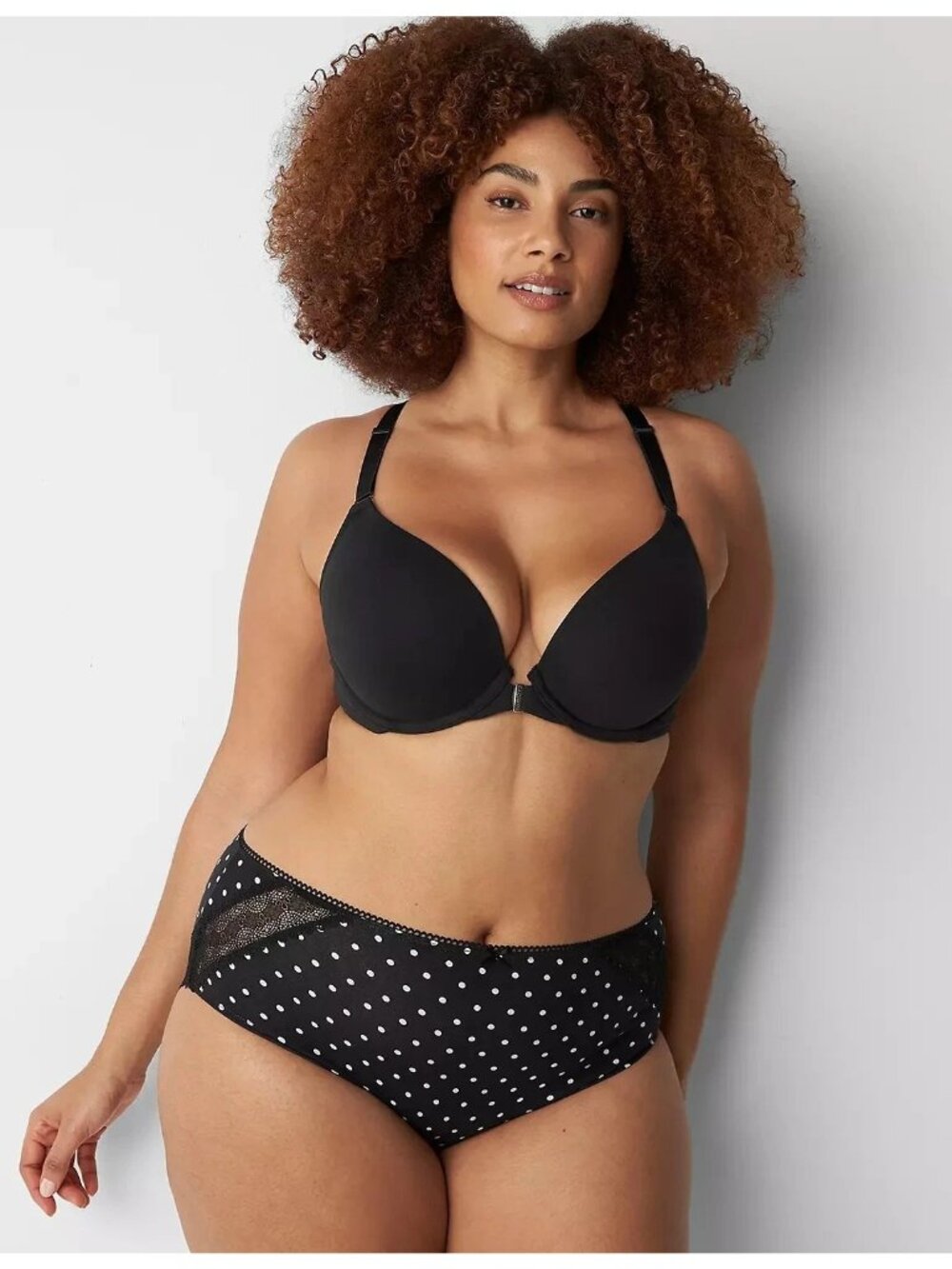 Cacique Lane Bryant 18/20 Black Polka-Dot Lace Trim Cotton High-Leg Brief NEW
